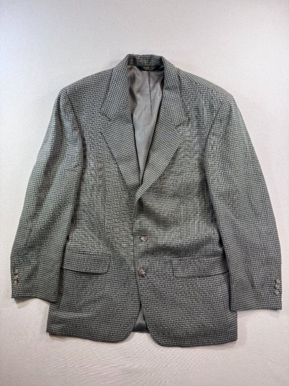 HK84 - Coldwater Creek Mens Houndstooth Blazer Gray Cream L Estimated Lined Two